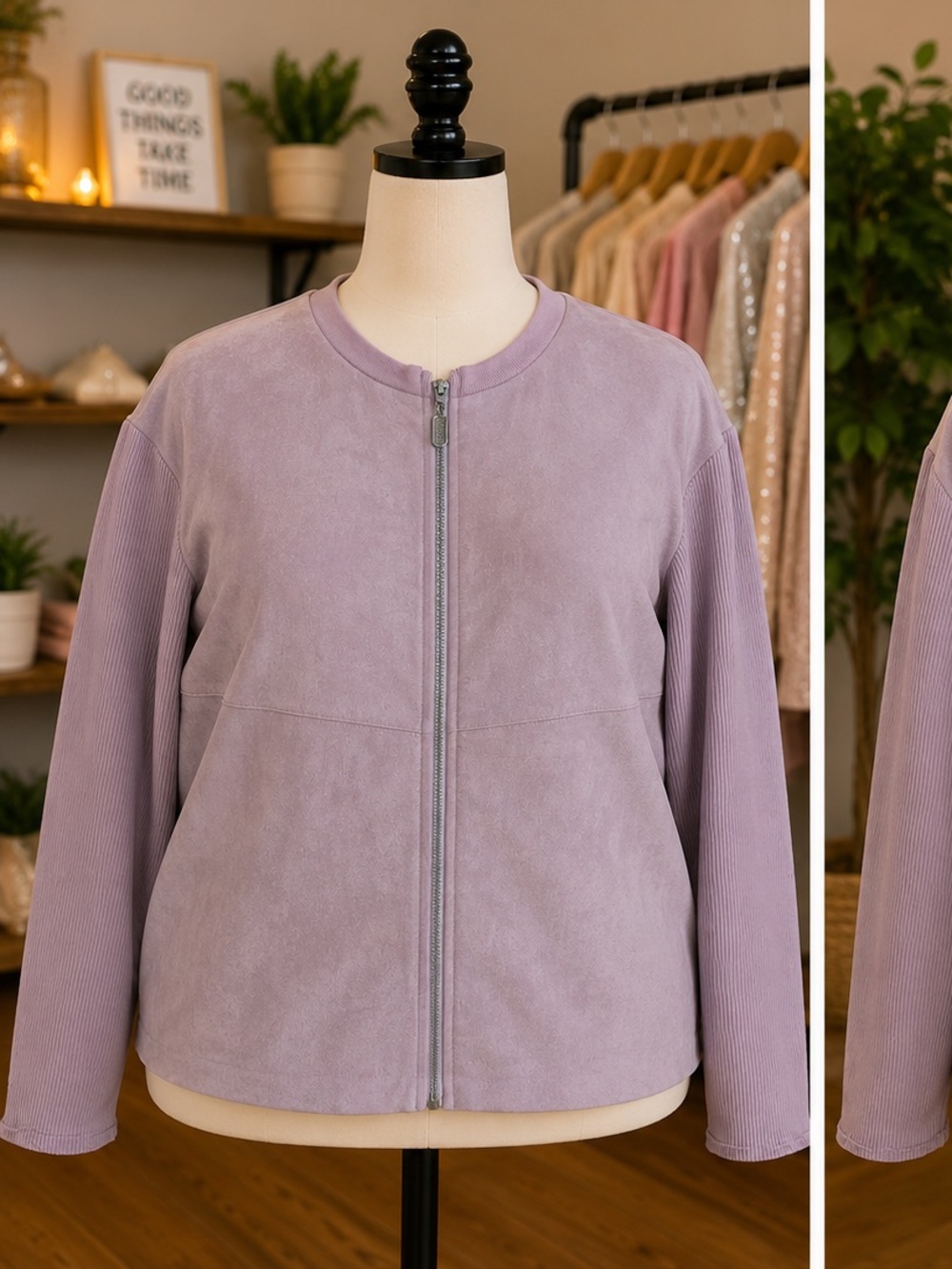 La Vila Milano Iris Mauve Faux Suede Stretchy Knit Zip-Front Jacket Size